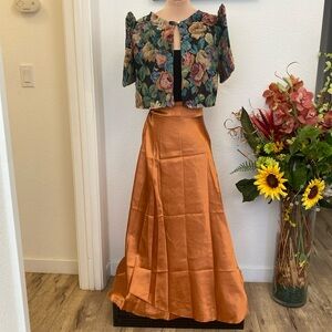 Filipiniana Orange satin wrap around skirt with Asian 2XL Floral Bolero